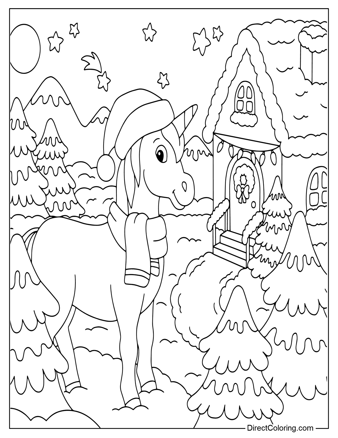 Christmas Unicorn with Gingerbread House